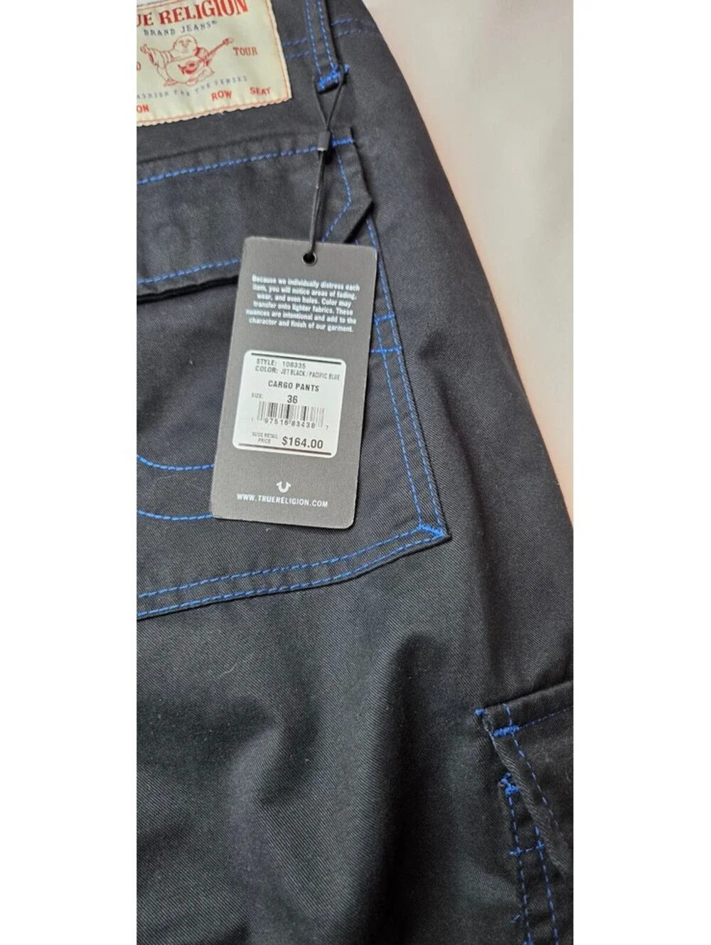 NWT True Religion Men's Jet Black / Pacific Blue Cargo Pants Size 36x32